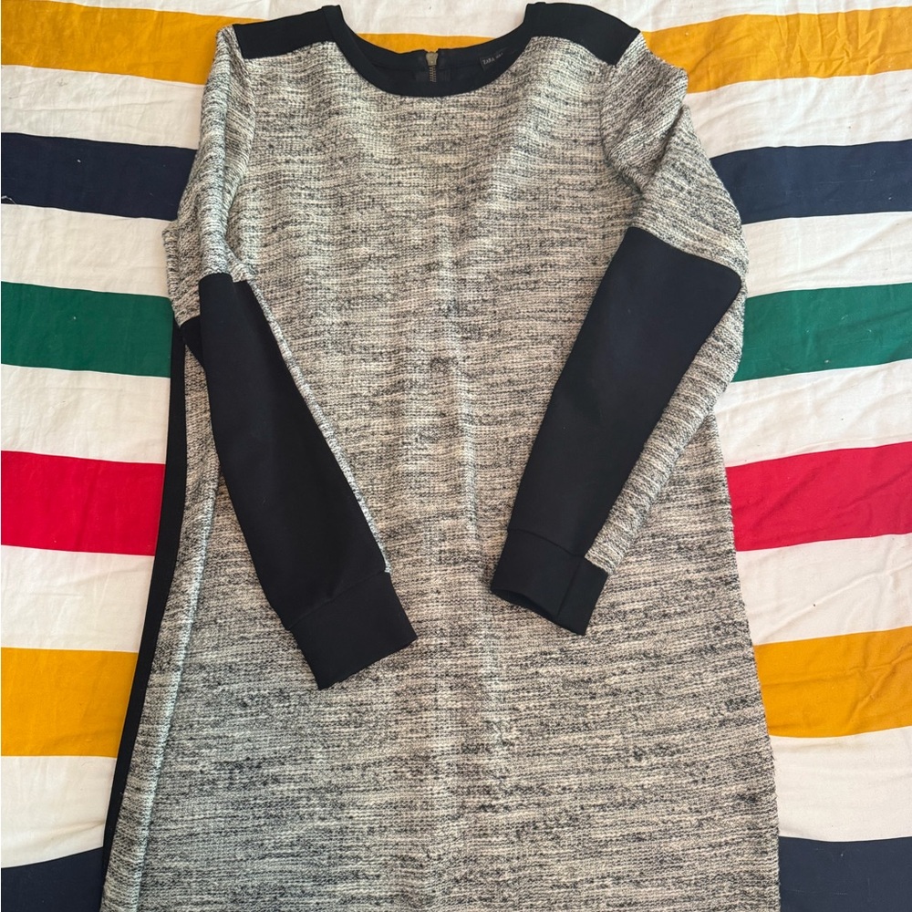 Zara Grey Shift Dress with Black Sleeve Panels